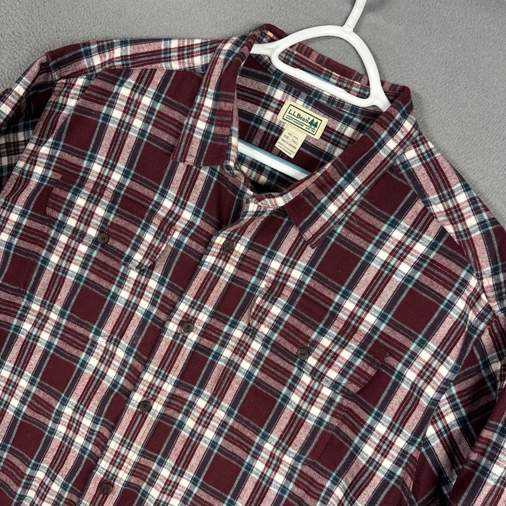 LL Bean Shirt Mens 2XL XXL Tall Burgundy Plaid Flannel Traditional Cotton